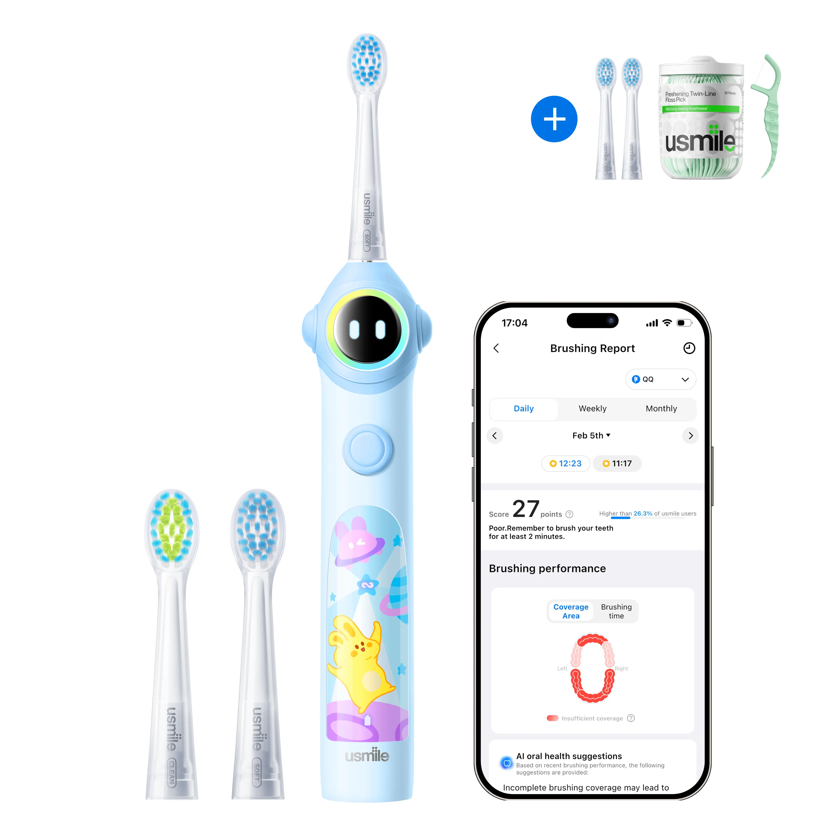 usmile Q30 Kids Electric Toothbrush × Dental Floss Picks Twin-Line for Deep Cleaning × Replacement Brush Head - Image 2