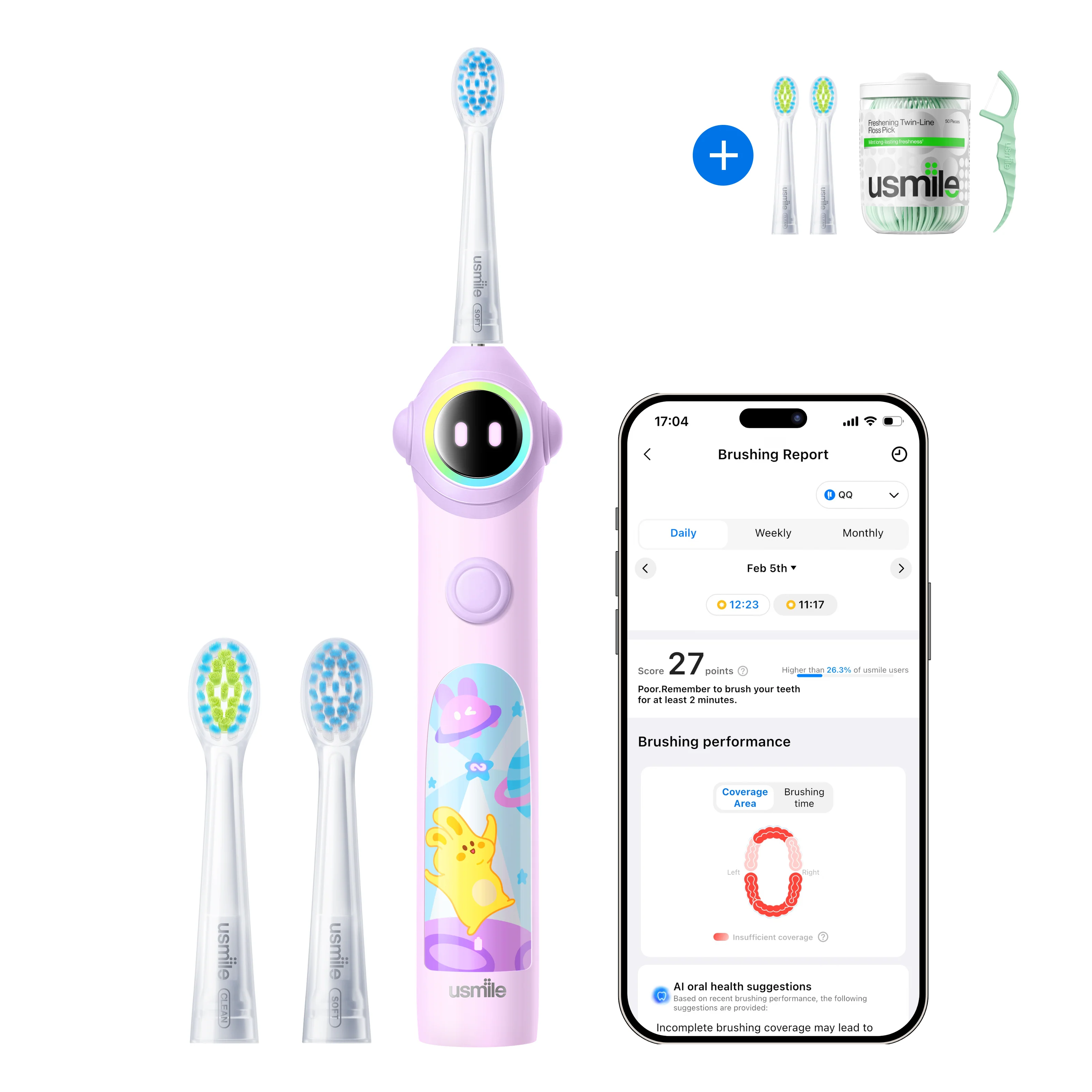 usmile Q30 Kids Electric Toothbrush × Dental Floss Picks Twin-Line for Deep Cleaning × Replacement Brush Head - Image 3