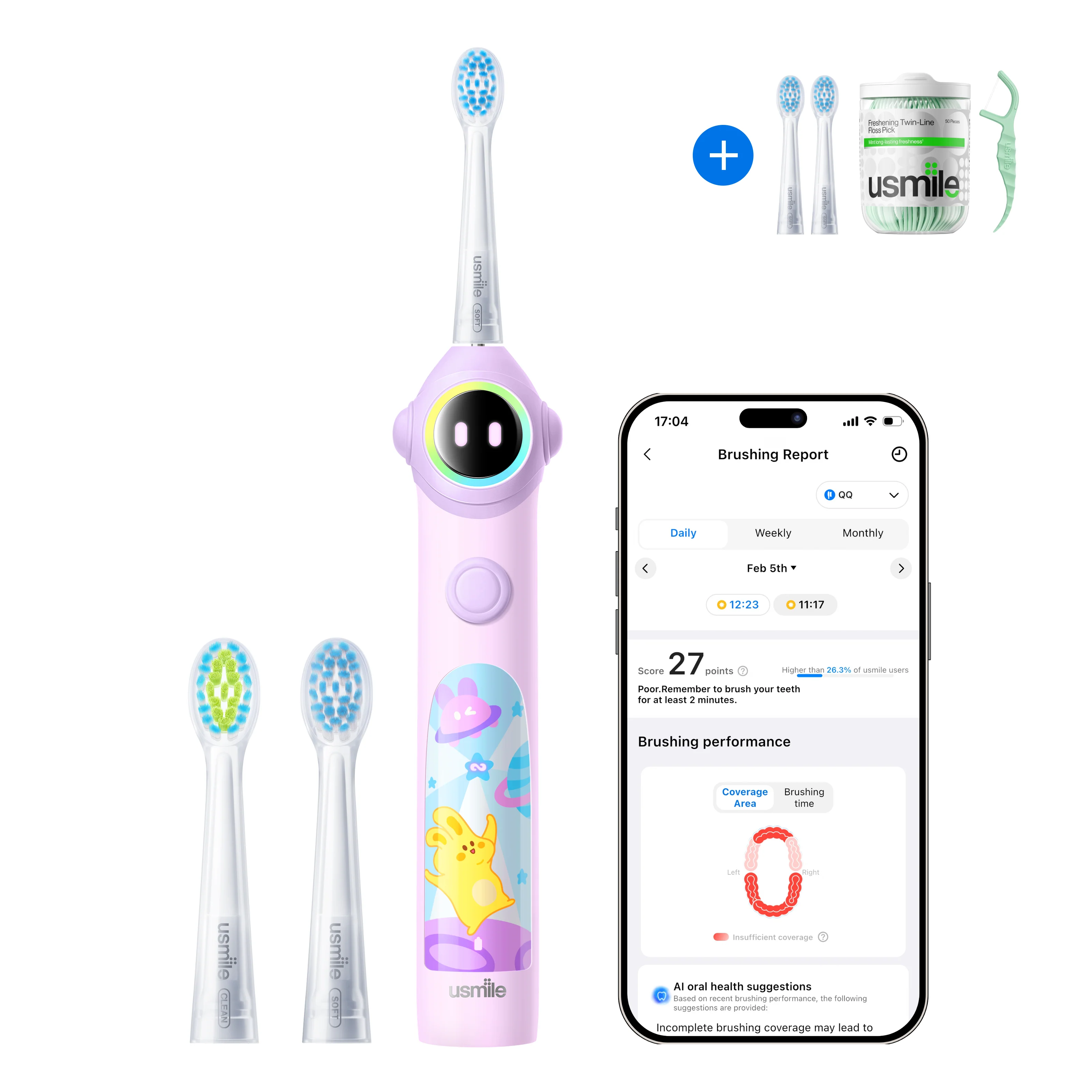 usmile Q30 Kids Electric Toothbrush × Dental Floss Picks Twin-Line for Deep Cleaning × Replacement Brush Head - Image 4