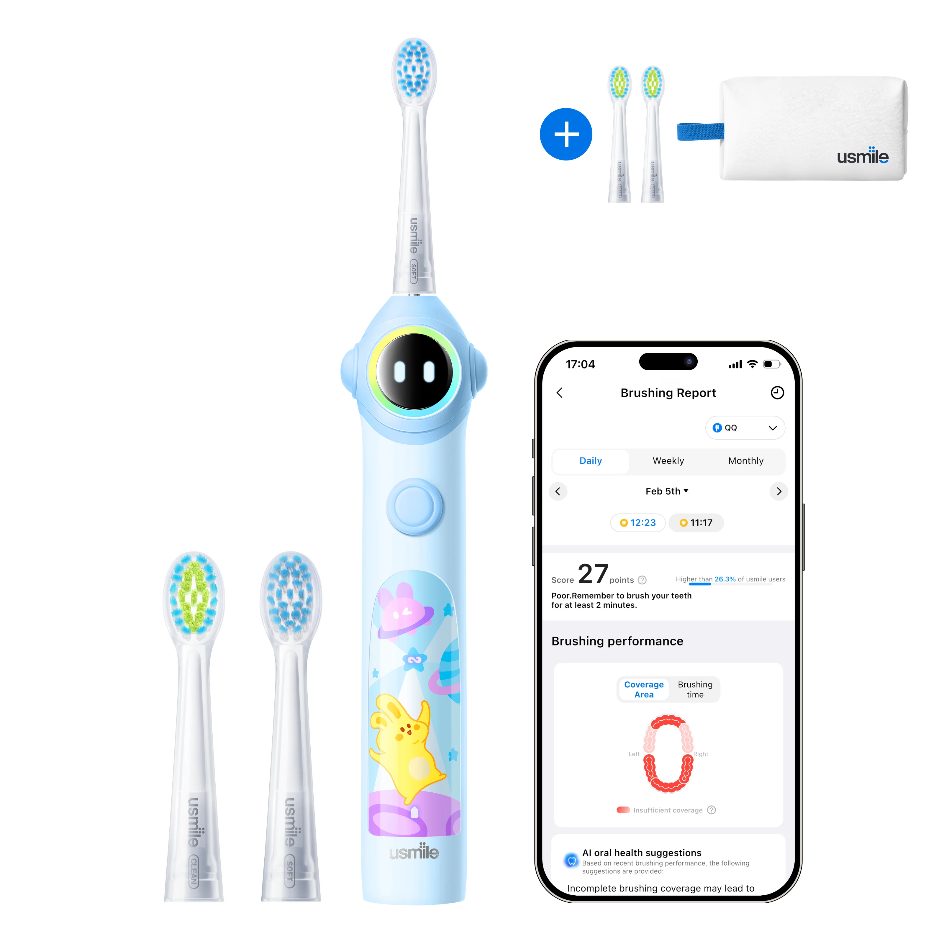 usmile Q30 Kids Electric Toothbrush × Waterproof Travel Toiletry Bag × Replacement Brush Head