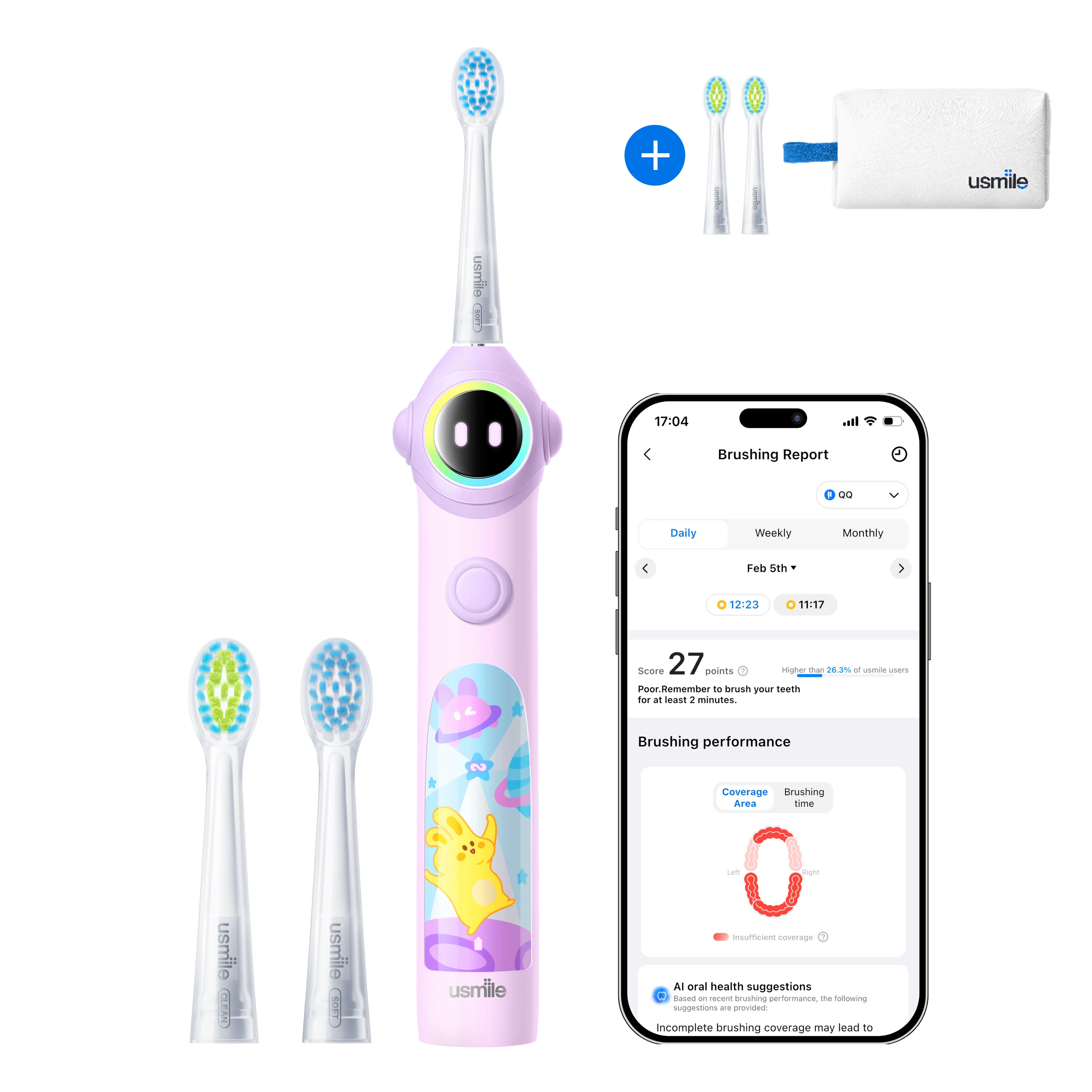 usmile Q30 Kids Electric Toothbrush × Waterproof Travel Toiletry Bag × Replacement Brush Head - Image 2