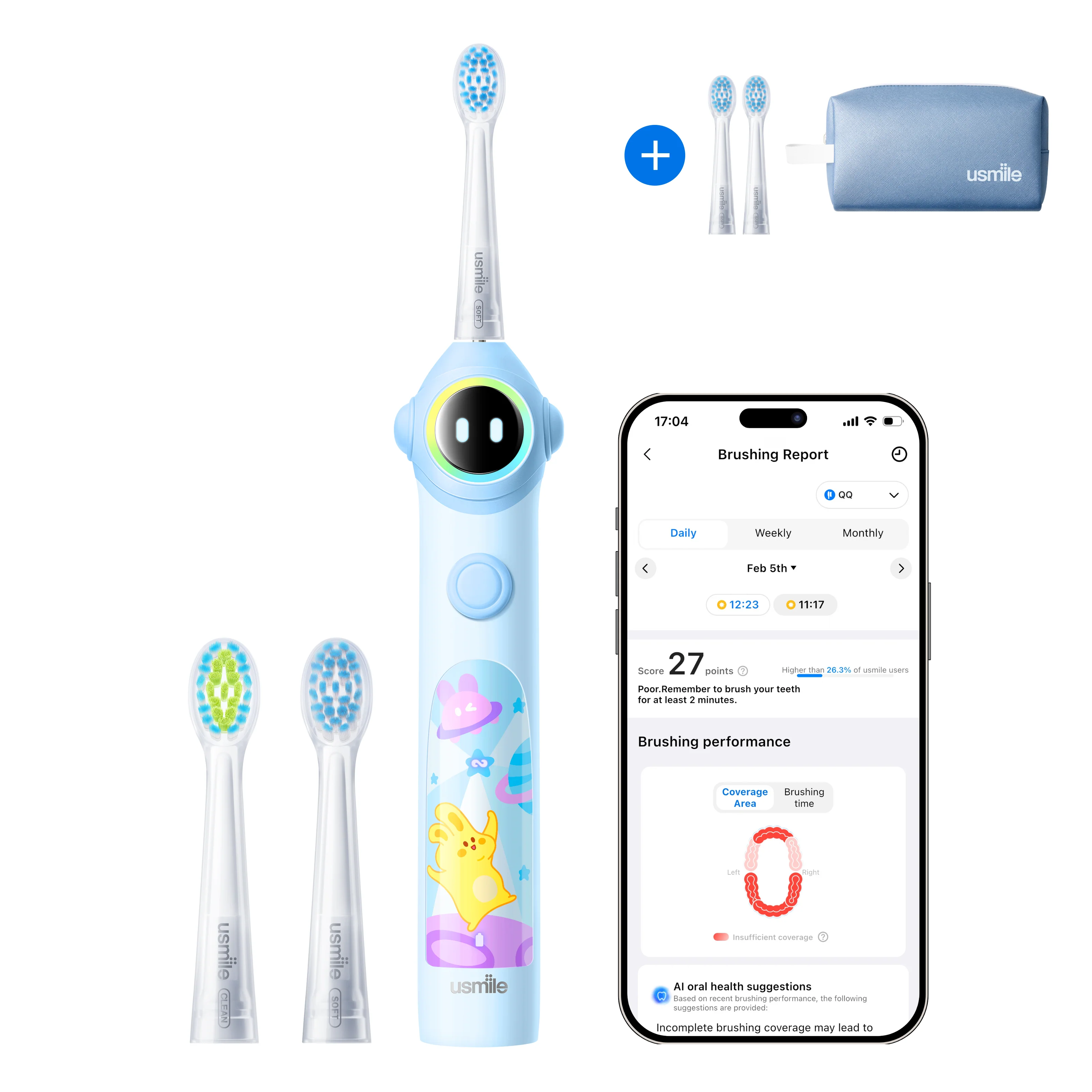 usmile Q30 Kids Electric Toothbrush × Waterproof Travel Toiletry Bag × Replacement Brush Head - Image 5
