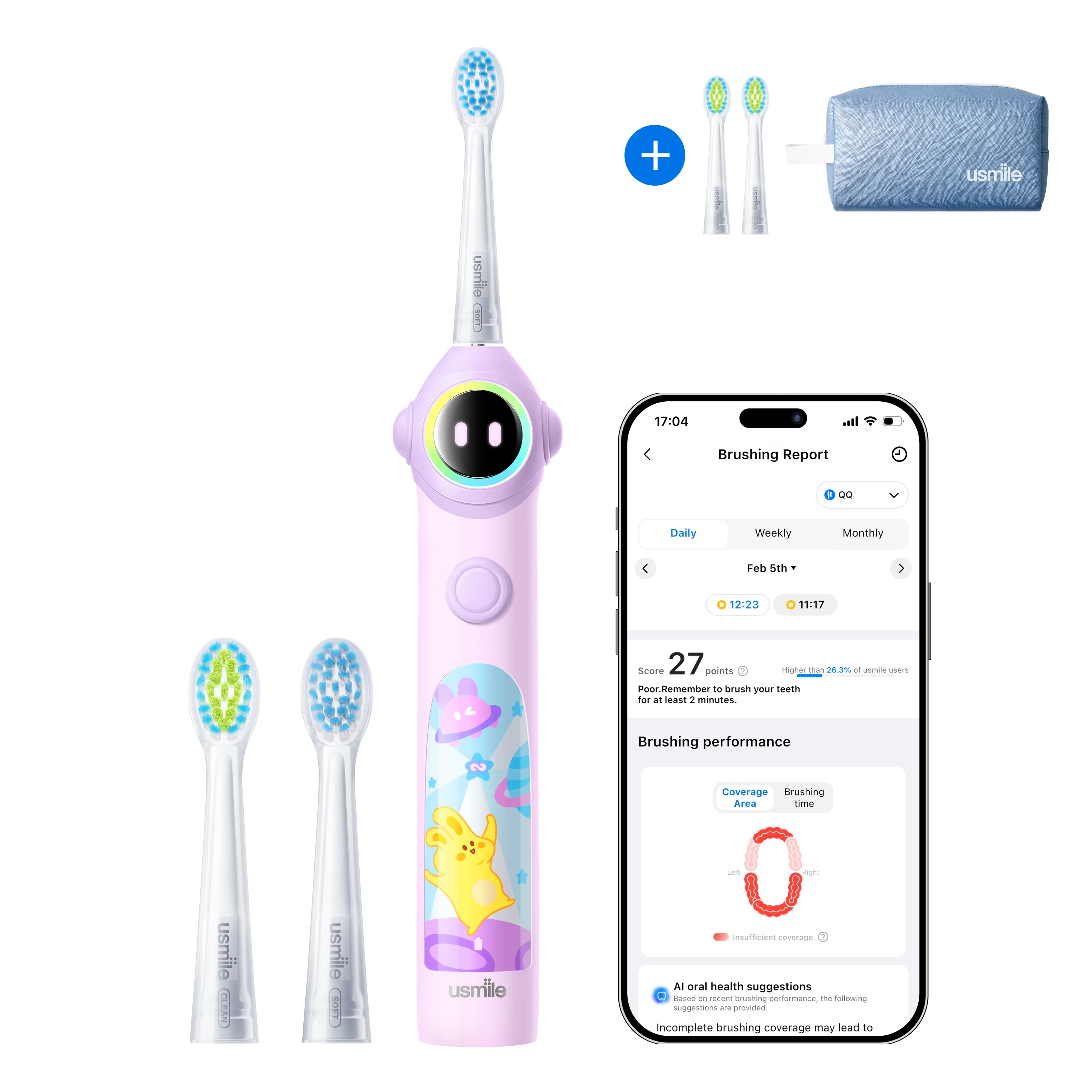usmile Q30 Kids Electric Toothbrush × Waterproof Travel Toiletry Bag × Replacement Brush Head - Image 6