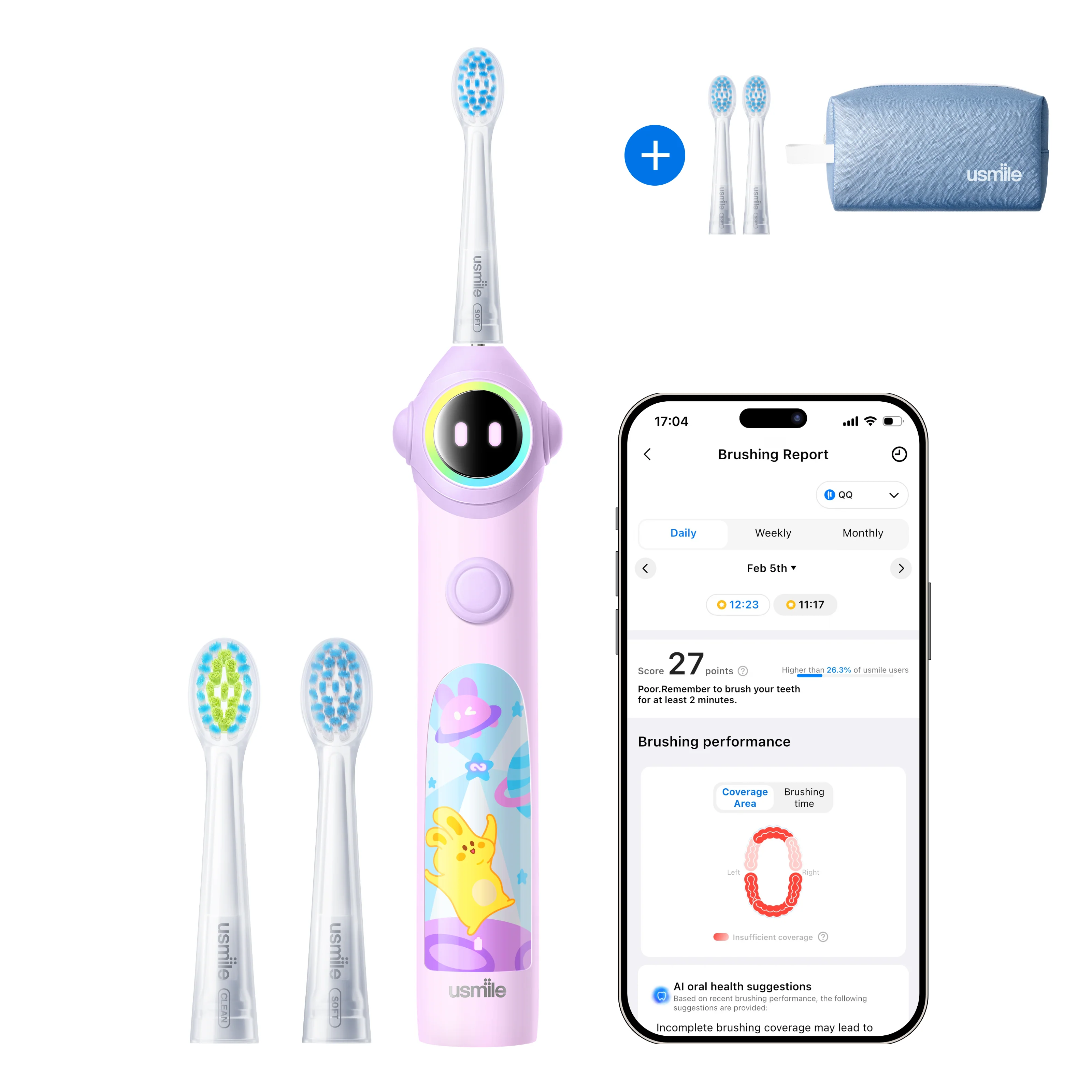 usmile Q30 Kids Electric Toothbrush × Waterproof Travel Toiletry Bag × Replacement Brush Head - Image 8
