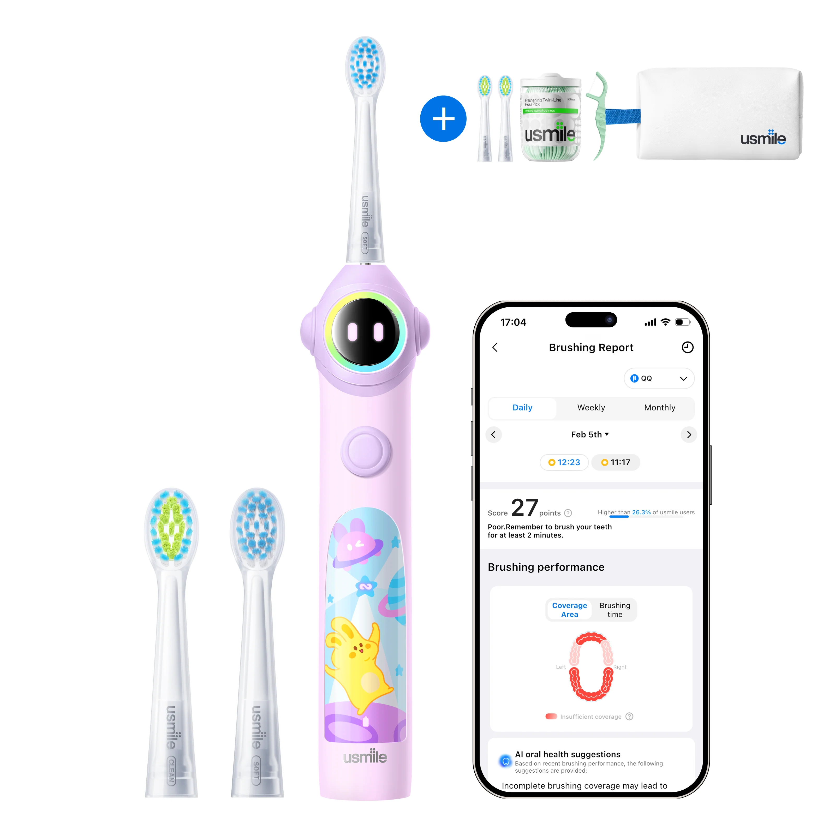 usmile Q30 Kids Electric Toothbrush × Waterproof Travel Toiletry Bag × Replacement Brush Head × Dental Floss Picks Twin-Line for Deep Cleaning - Image 2