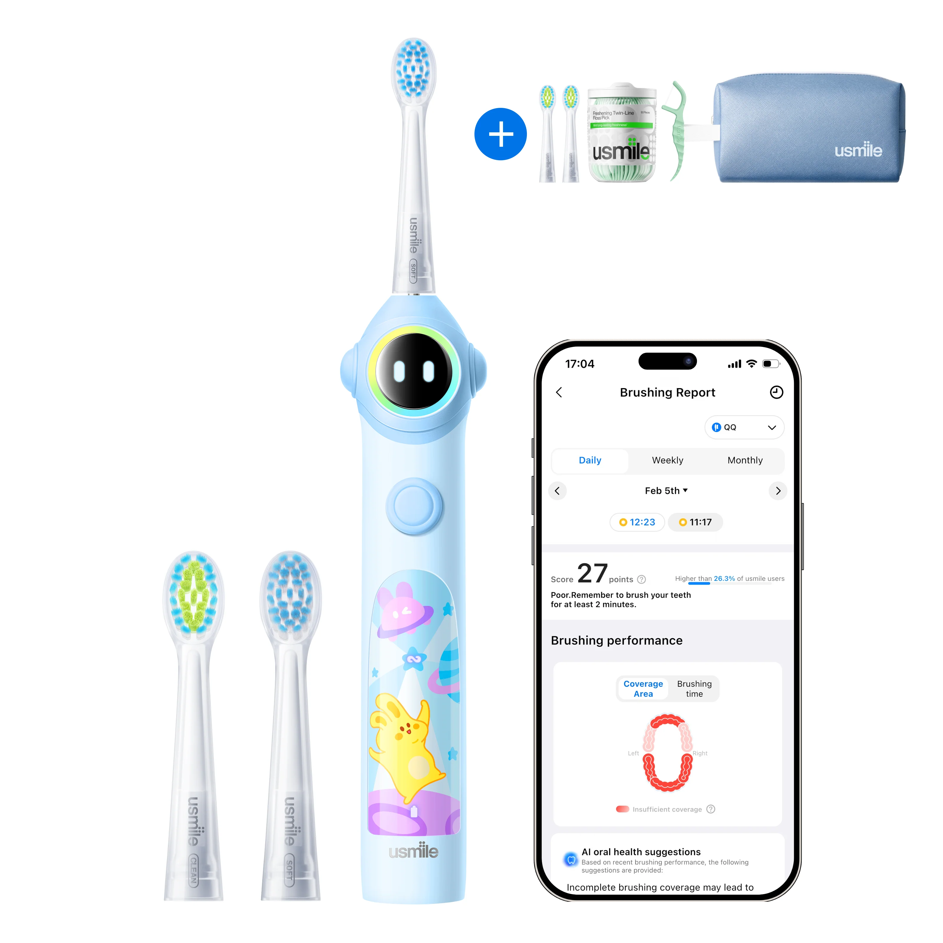 usmile Q30 Kids Electric Toothbrush × Waterproof Travel Toiletry Bag × Replacement Brush Head × Dental Floss Picks Twin-Line for Deep Cleaning - Image 3