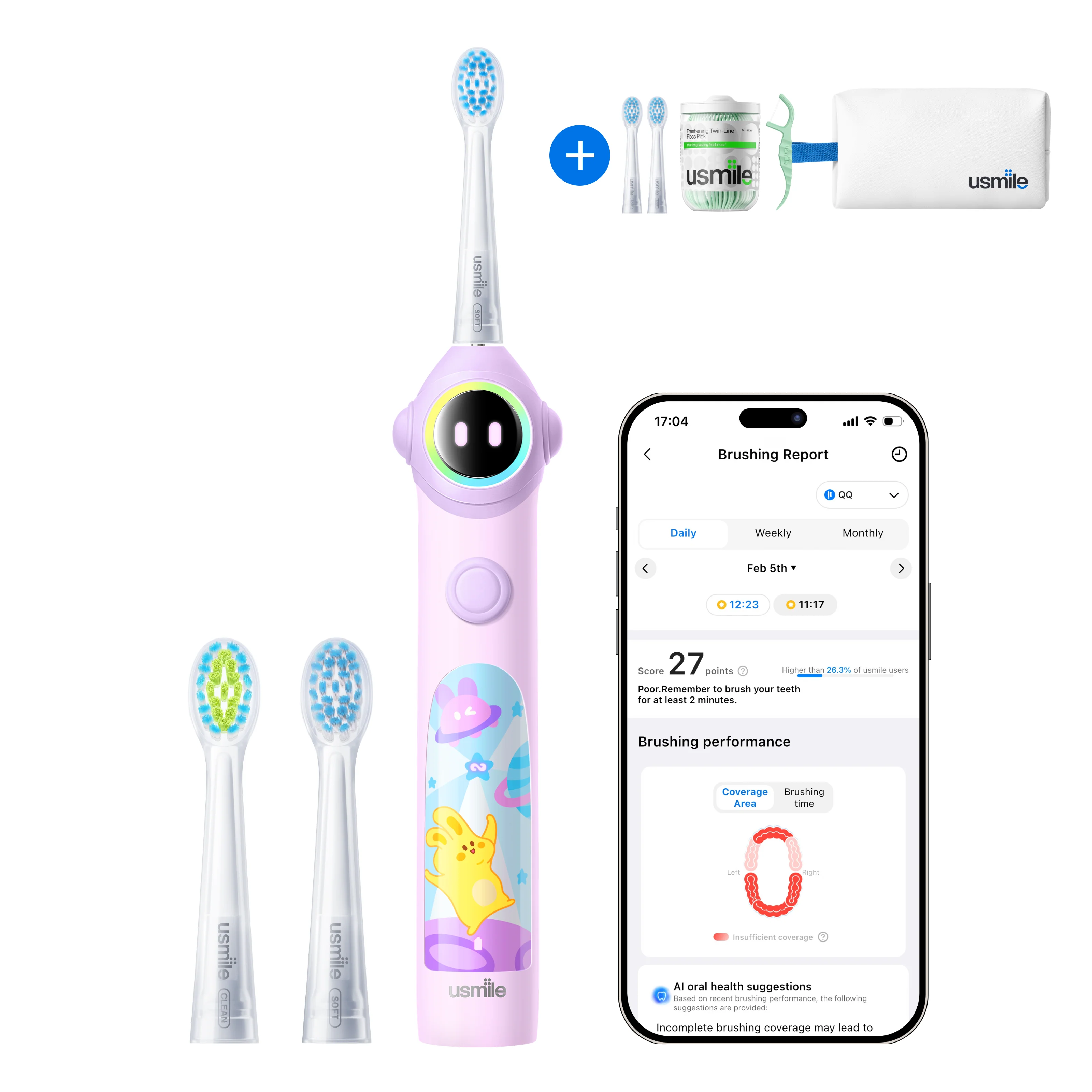 usmile Q30 Kids Electric Toothbrush × Waterproof Travel Toiletry Bag × Replacement Brush Head × Dental Floss Picks Twin-Line for Deep Cleaning - Image 4