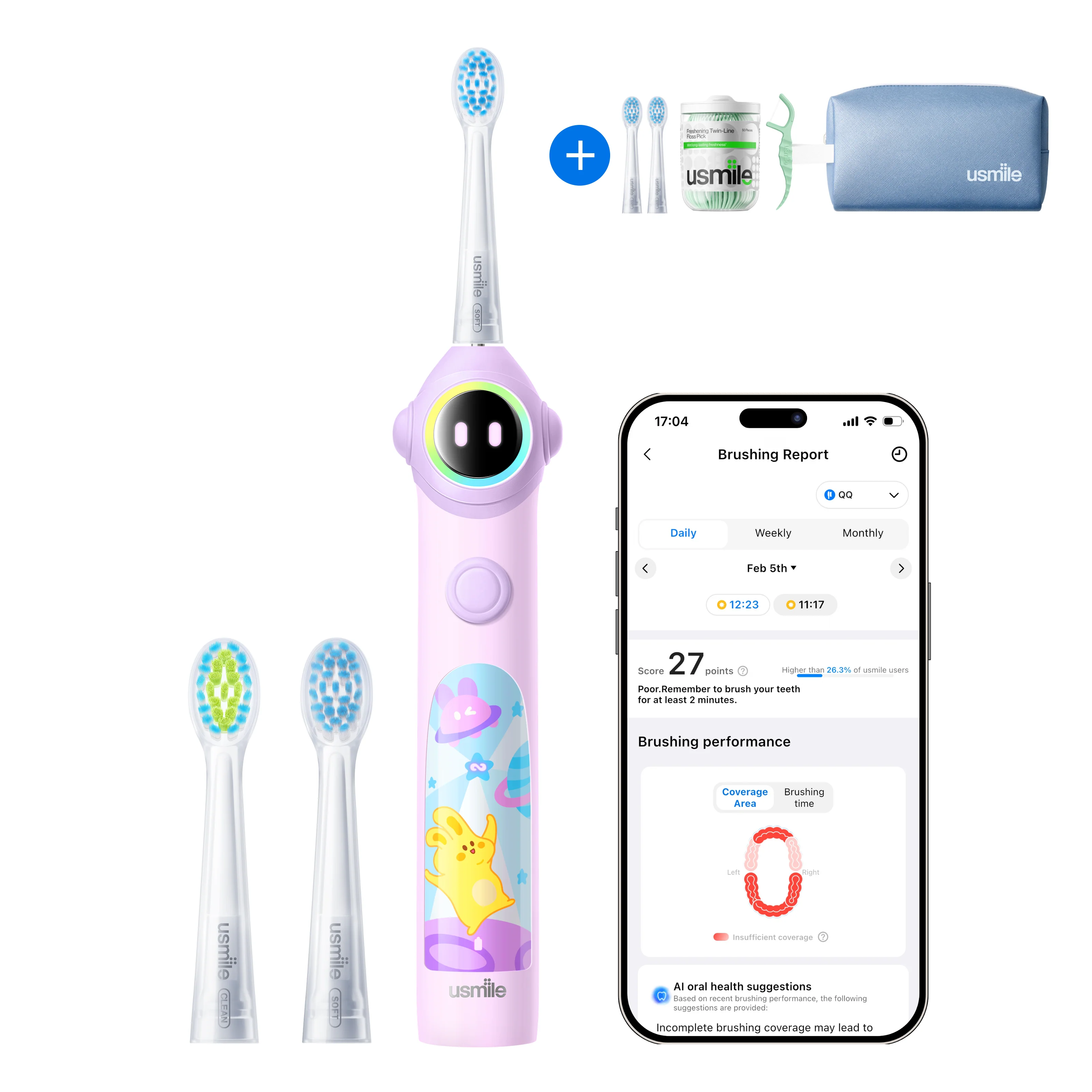 usmile Q30 Kids Electric Toothbrush × Waterproof Travel Toiletry Bag × Replacement Brush Head × Dental Floss Picks Twin-Line for Deep Cleaning - Image 5